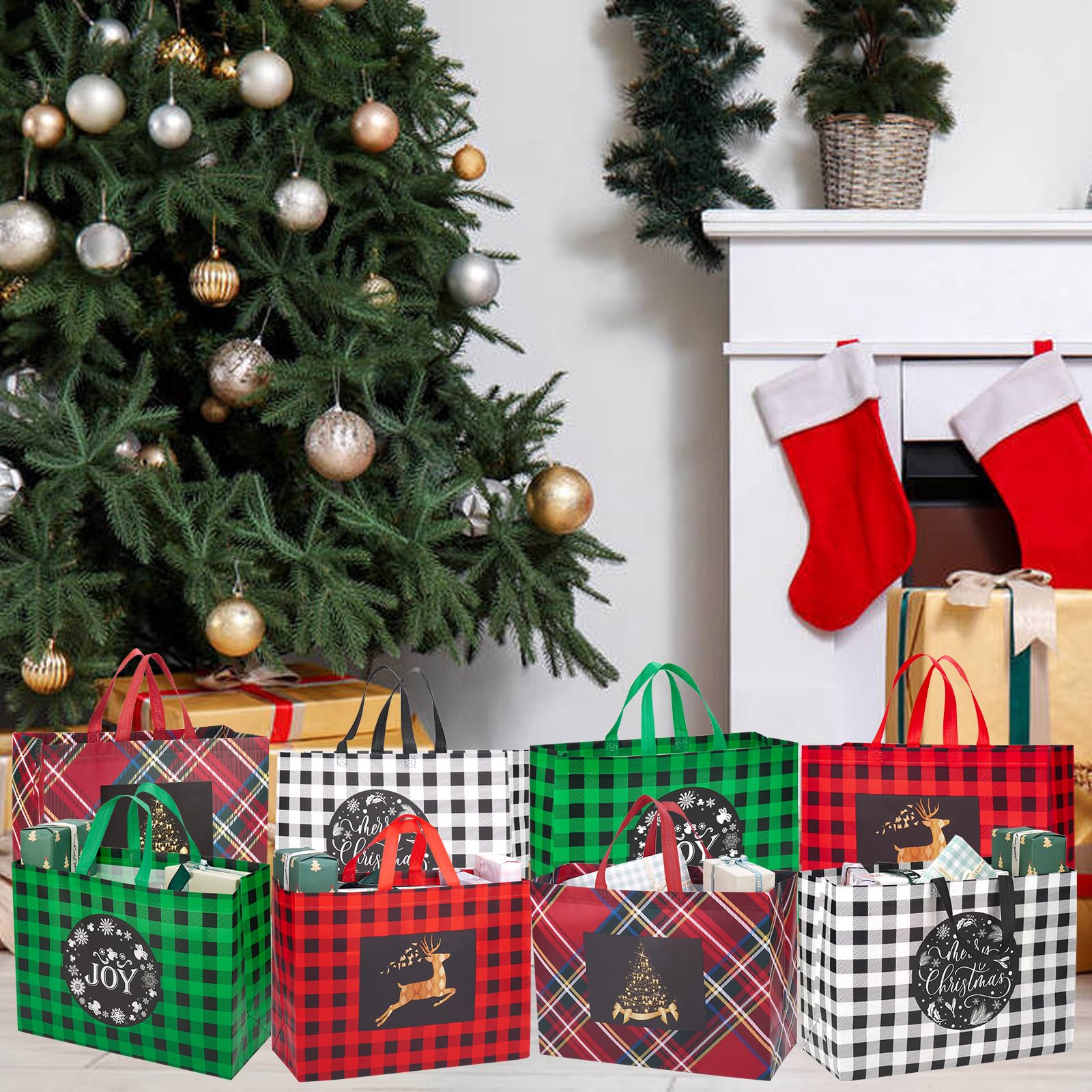 12PCS Extra Large Christmas Gift Bags, 16.9"×12.6"×7.1”, Reusable Christmas Tote Bags with Handle Non-Woven Christmas Bags for Gifts Wrapping Xmas Holiday