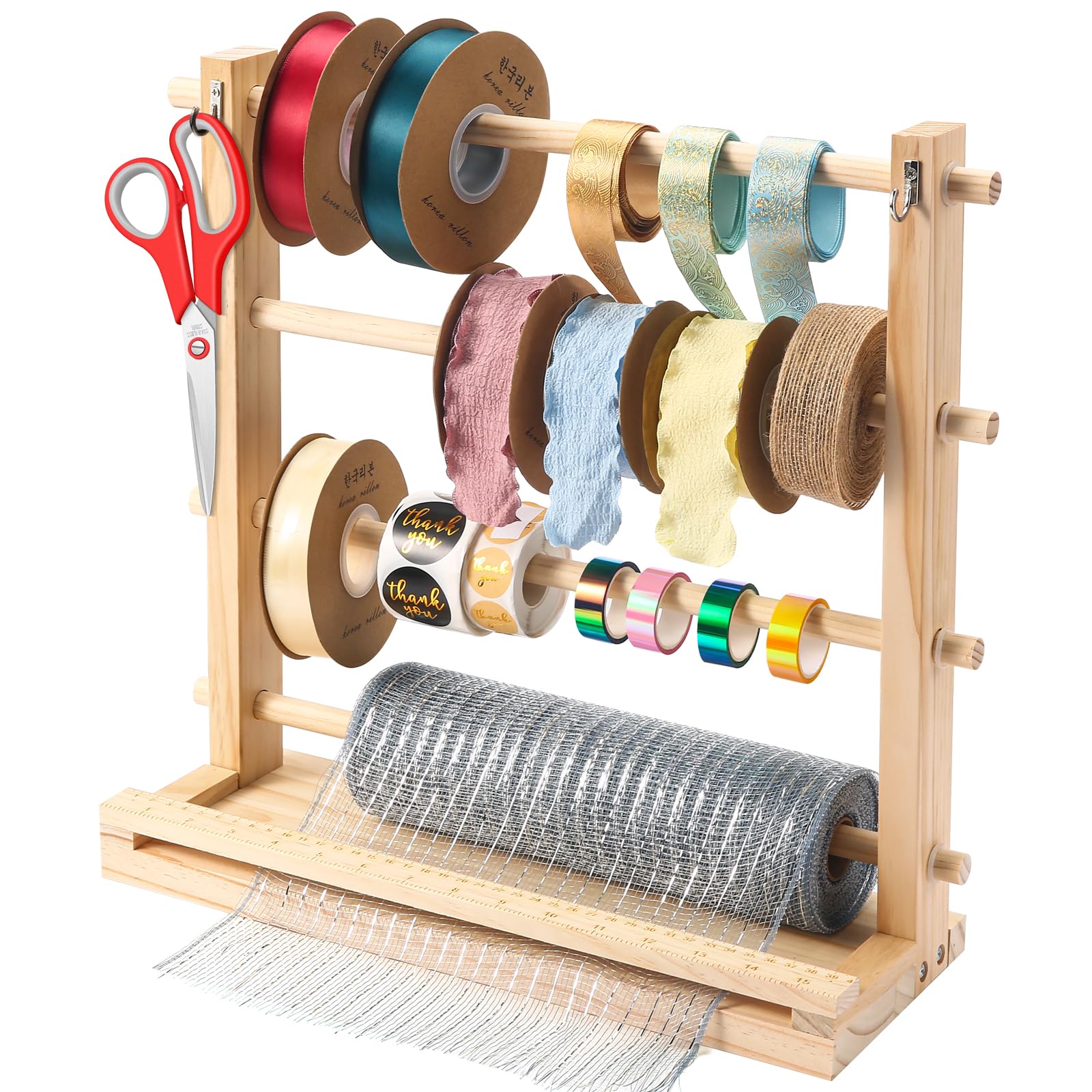 NewEle Ribbon Organizer - Wooden Ribbon Spool Holder for Mesh Ribbon Wreath Thread Tulle Roll Washi Tape, Ribbon Holder Organizer Rack for Craft Room, Florist Supplies, Wrapping Craft Present