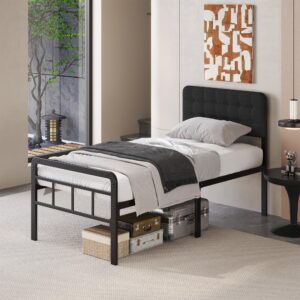 UUKING 18 Inch Twin XL Bed Frames with Black Upholstered Headboard and Metal Footboard