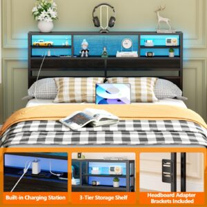 Furnulem Headboard Full Size with 3-Tier Shelf, Bookcase Storage Head Board with RGB LED Light and Charging Station,2 Outlets and 2 USB Ports,Black Wood Storage Cubbies & Metal Frame,Adjustable Height