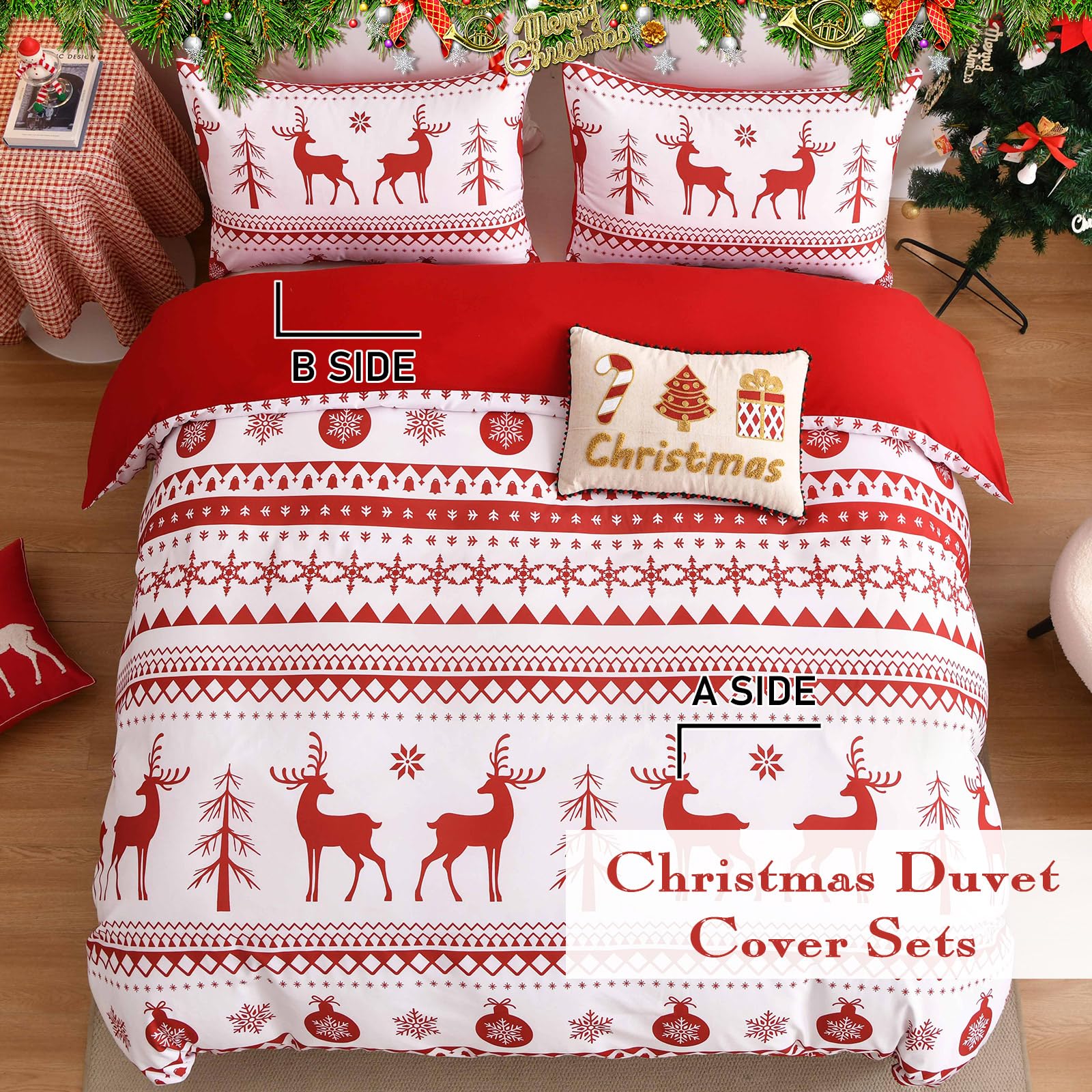 WONGS BEDDING Christmas Duvet Cover Set King Size,3 Pieces Reversible Red Elk Snowflake Pattern Decor Bedding Duvet Cover with Zipper Closure for New Year Holiday, Soft Microfiber Bedding Set 104"x90"