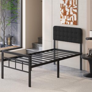 UUKING 18 Inch Twin XL Bed Frames with Black Upholstered Headboard and Metal Footboard