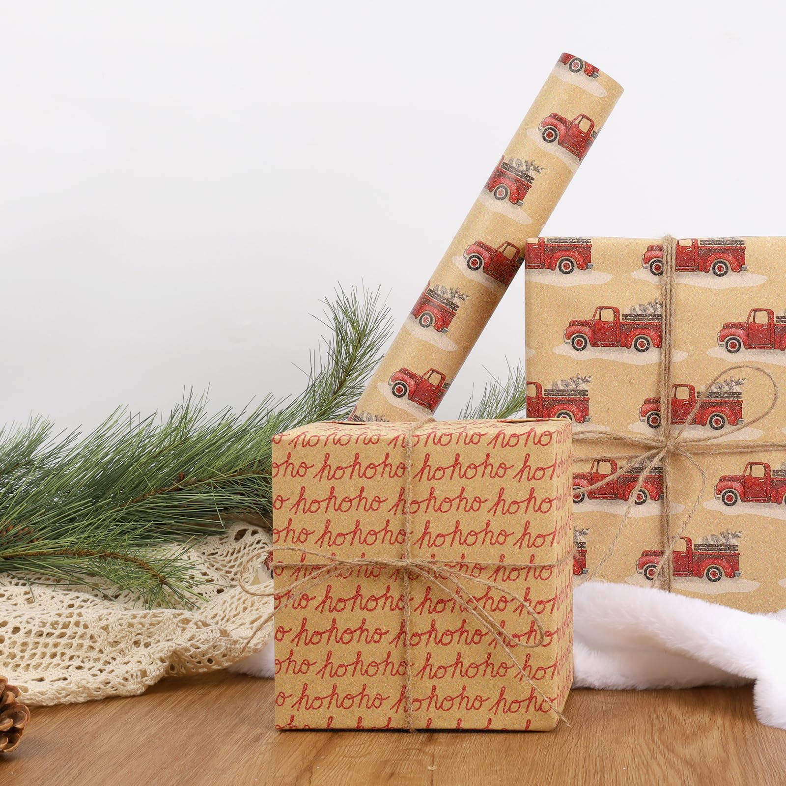 LaRibbons Reversible Kraft Vintage Christmas Wrapping Paper with Natural Jute Twine, Classic Truck Design for Christmas, Party, Holiday, Celebration, 17 Inch X 40 Feet (56.6 sq. ft. ttl.)