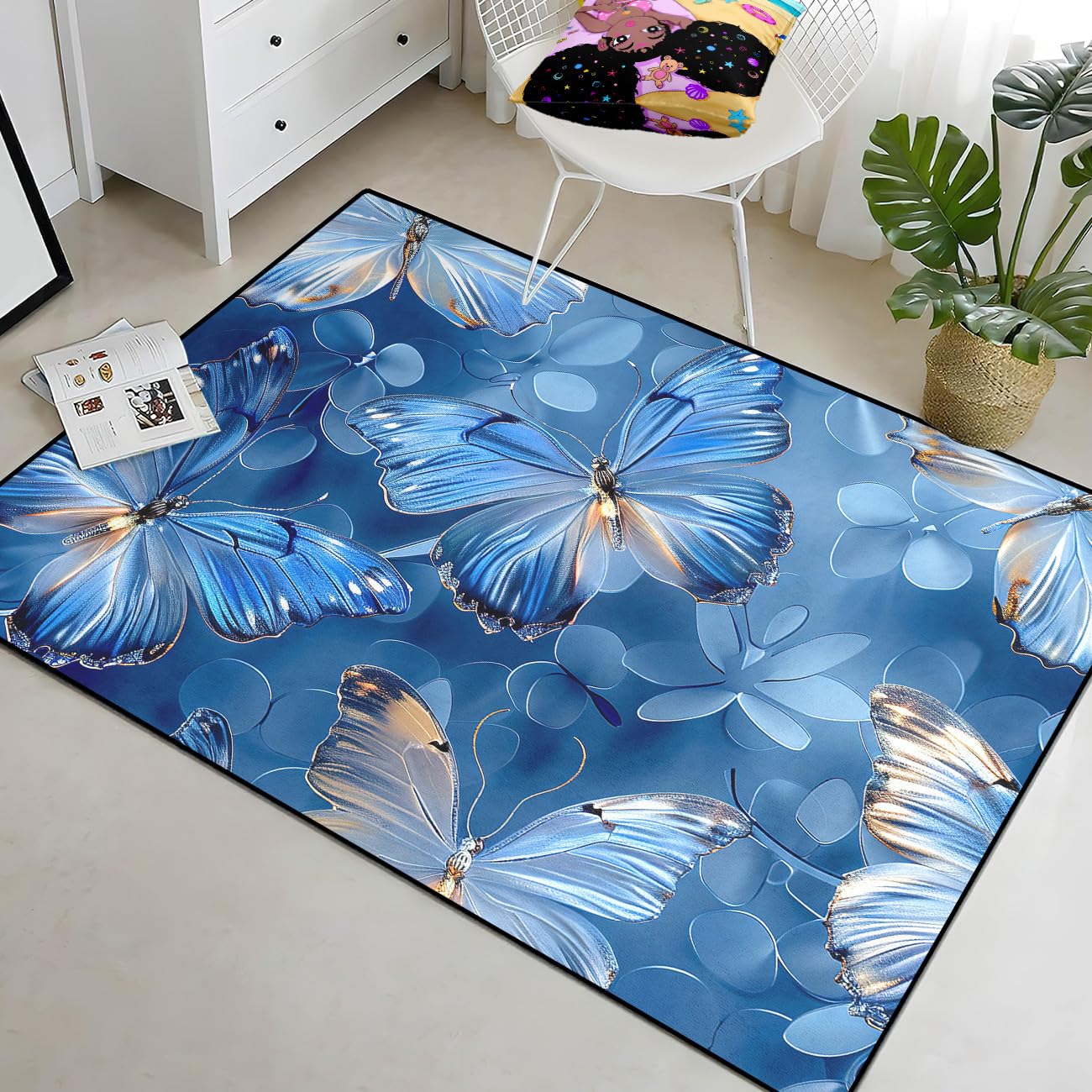 Butterfly Rug - Blue Butterfly Rugs for Girls Bedroom Living Room Kids Room Decor Modern Dreamy Butterfly Theme Carpets Floor Polyester Yoga Mat, 2'5''×4'