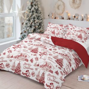 drucon christmas duvet cover set queen size 3 pieces soft microfiber breathable bedding set red christmas snowman pattern duvet cover with 2 pillowcases