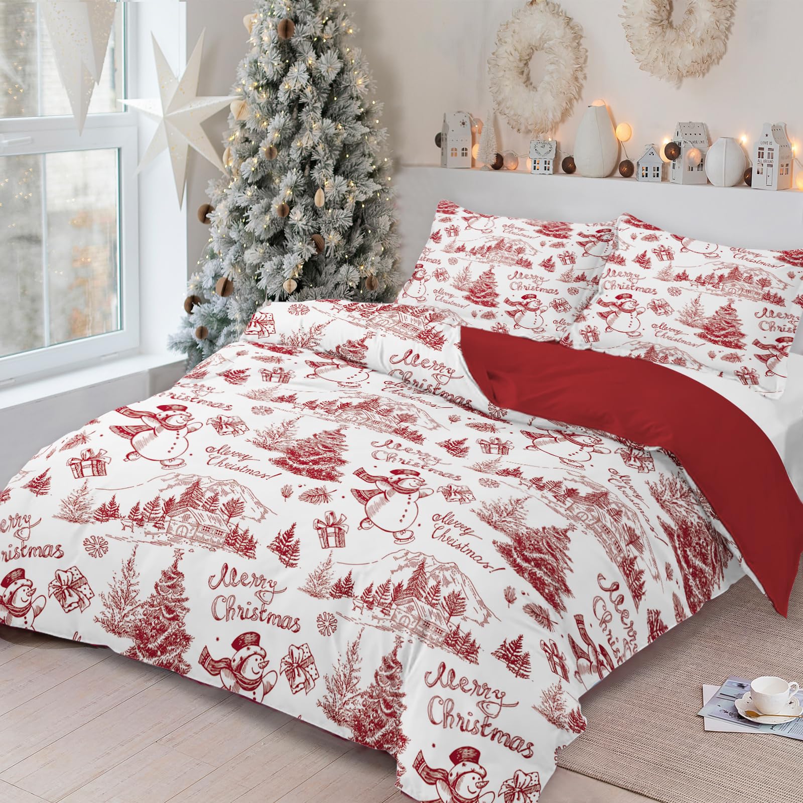 Drucon Christmas Duvet Cover Set Queen Size 3 Pieces Soft Microfiber Breathable Bedding Set Red Christmas Snowman Pattern Duvet Cover with 2 Pillowcases