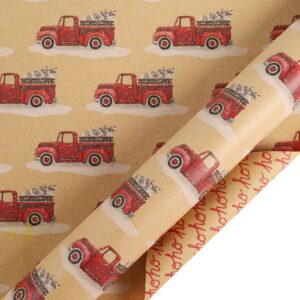 LaRibbons Reversible Kraft Vintage Christmas Wrapping Paper with Natural Jute Twine, Classic Truck Design for Christmas, Party, Holiday, Celebration, 17 Inch X 40 Feet (56.6 sq. ft. ttl.)