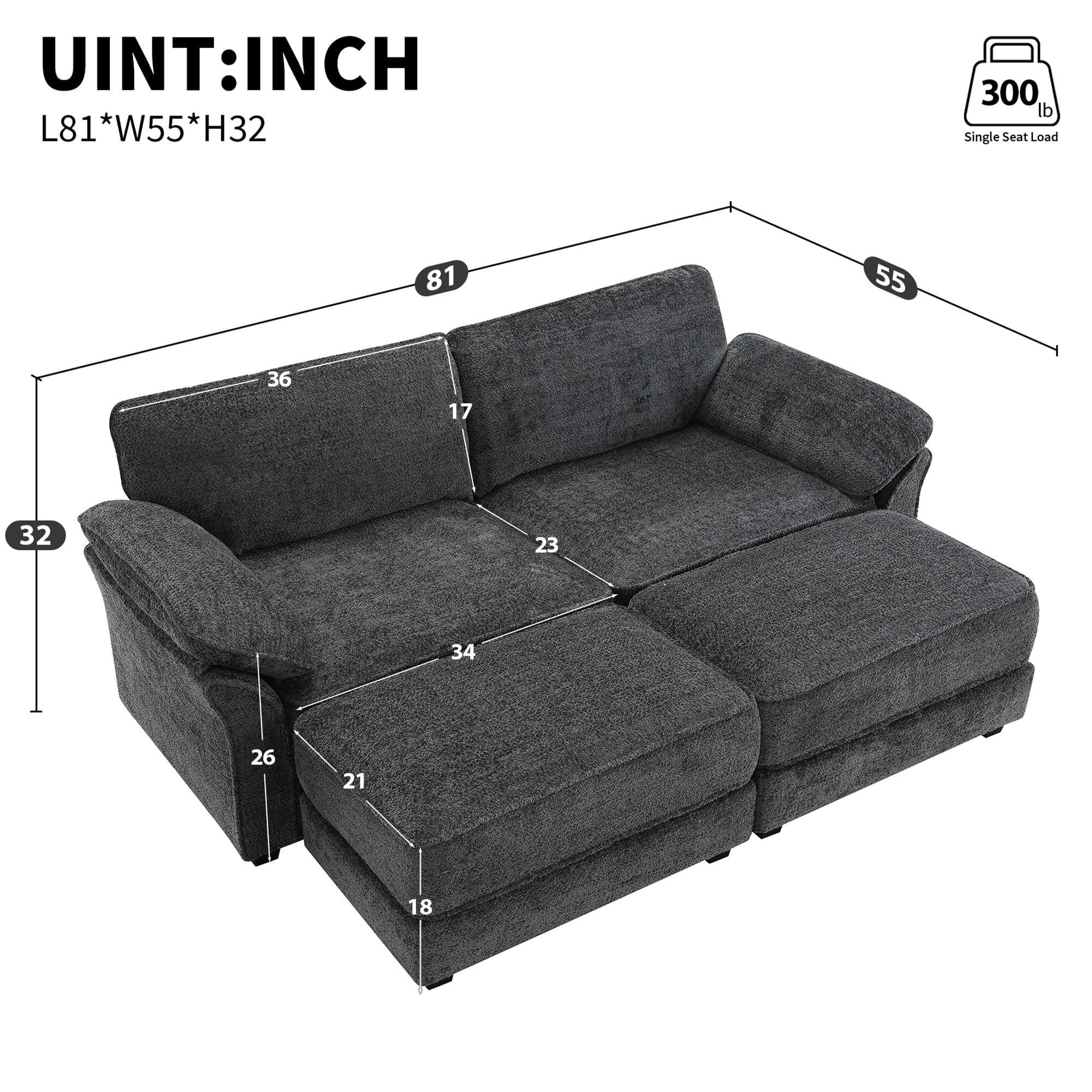 GNIXUU Deep Seat Sectional Sofa with 2 Ottoman, 81" Chenille Large Loveseat Sofa Sleeper, Double-Upholstered Comfy Boucle Cloud Couch for Living Room, Bedroom, Office, Apartment(Gray)