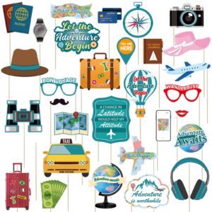 let the adventure begin photo booth props,31pcs adventure baby shower photo props for adventure awaits baby shower,adventure awaits party decorations travel themed party supplies