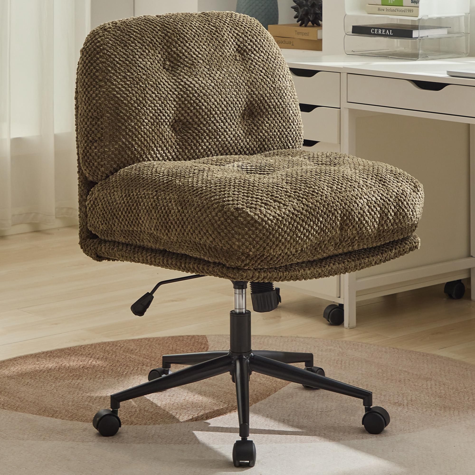 Uiesno Criss Cross Chair on Wheels Wider & Thickened, Cross Legged Office Chair Comfortable Adjustable Swivel, Armless Ergonomic Desk Chair Vanity Accent Chair Comfy Chairs for Home Office, Green