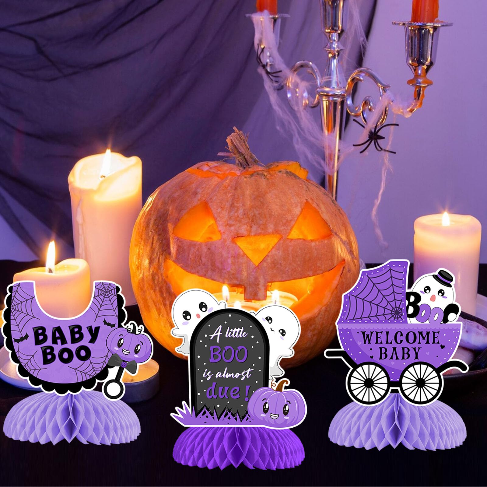 Halloween Baby Shower Honeycomb Centerpieces, A Little Boo Is Almost Due Table Toppers Black Purple, Gender Reveal Pregnancy Celebration Table Topper Decorations Supplies 8pcs