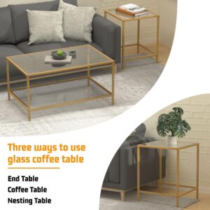 Coffee Table Set of 2,Gold Glass Nesting Coffee Side End Table,Square Modern Center Table for Living Room,Bedroom and Small Spaces,Tempered Glass-top with Sturdy Metal Frame, Easy Assembly