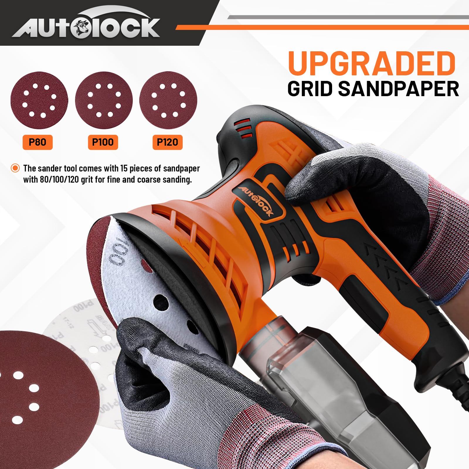 Autolock 350W 5 Inch Random Orbital Sander, 13000 RPM Electric Orbital Sander with 7 Variable Speeds, 2.8AMP Corded Palm Sander Kit with Dust Collection System for Woodworking & Sanding, 15 Sandpapers