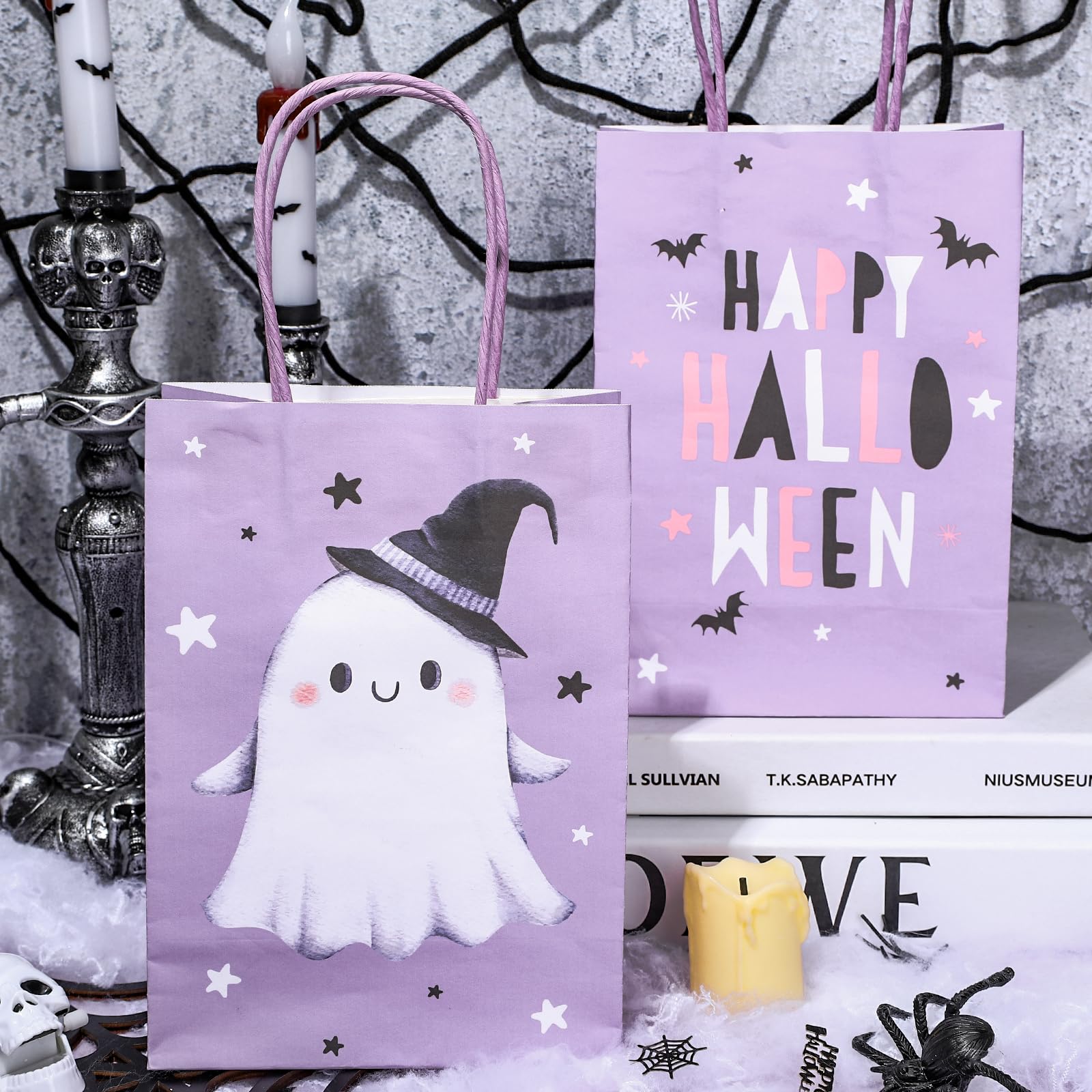 JarThenaAMCS 16Pcs Happy Halloween Paper Gift Bags Cute Ghost Party Favor Bags with Handle Lilac Purple Goodie Candy Treat Bags for Halloween Party Decor Supplies