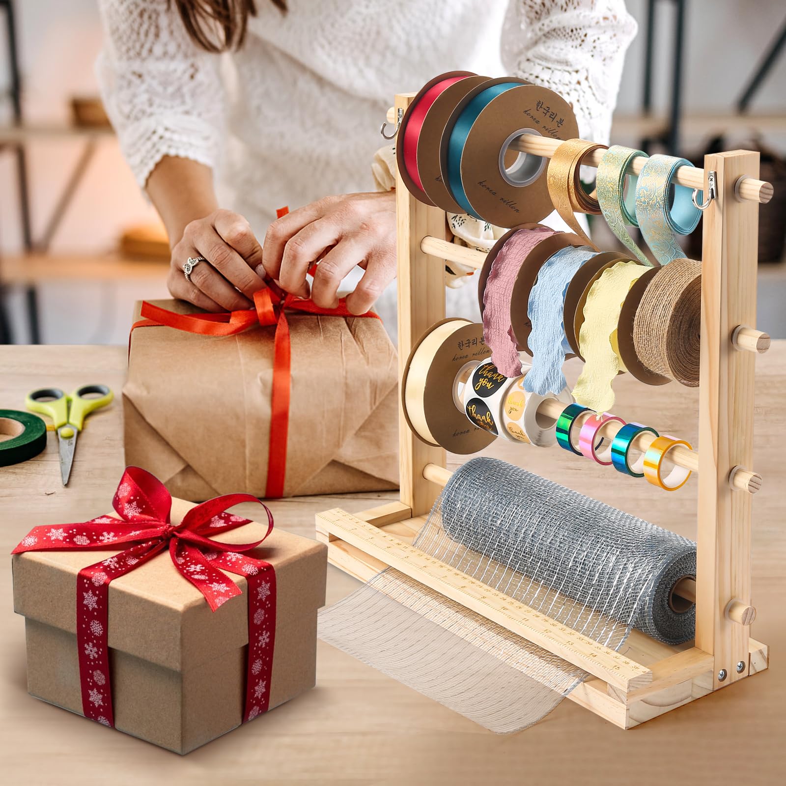 NewEle Ribbon Organizer - Wooden Ribbon Spool Holder for Mesh Ribbon Wreath Thread Tulle Roll Washi Tape, Ribbon Holder Organizer Rack for Craft Room, Florist Supplies, Wrapping Craft Present