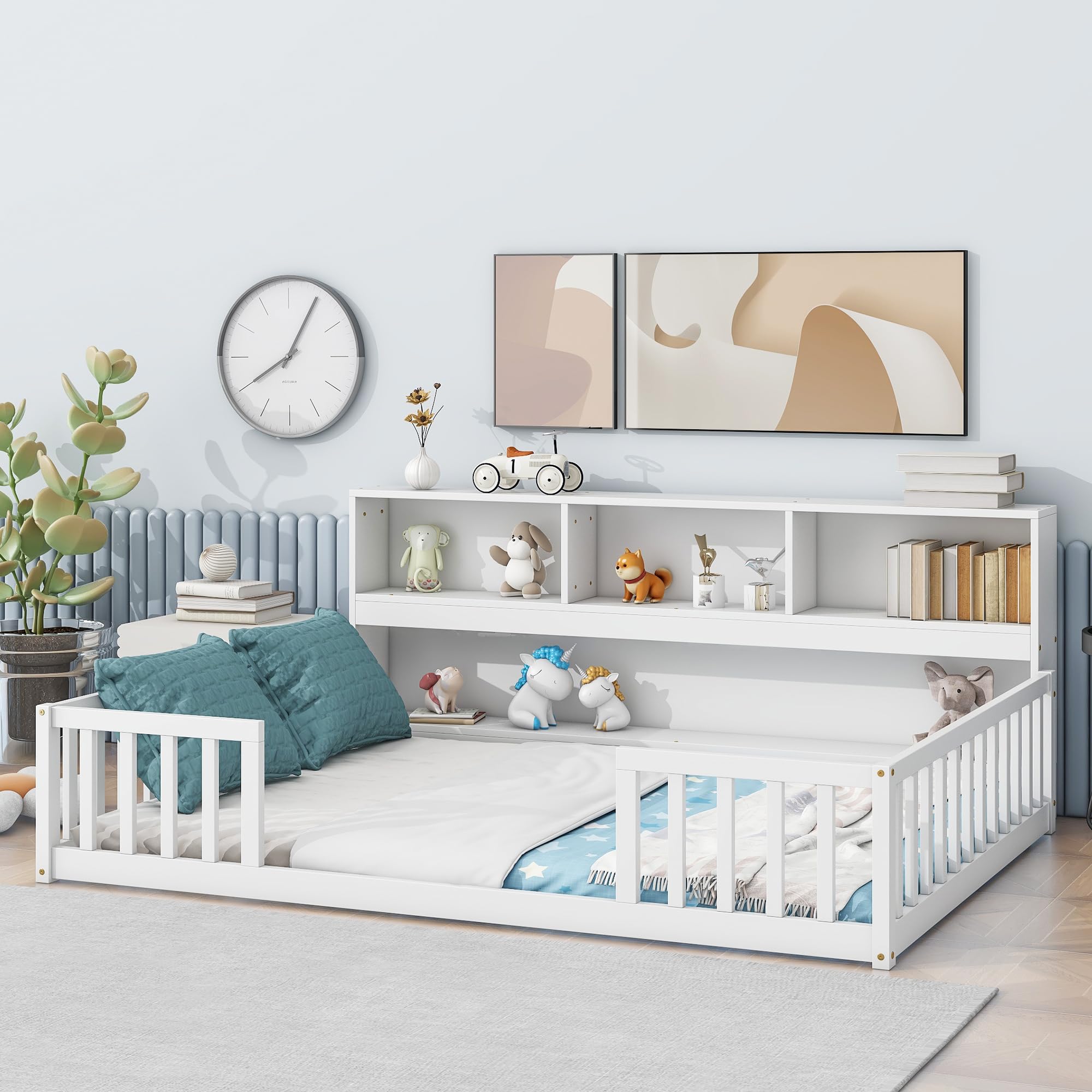 Full Size Bed Frame with Side Bookcase, Floor Bed Frame Full Size with Storage Shelves, Full Size Platform Bed Frame with Safety Guardrails, Montessori Bed Frame without Slats for Girls, Boys, White