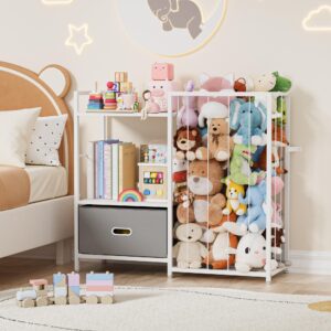 Stuffed Animal Storage Toy Storage Organizer, Metal Toy Storage with Kids Bookshelf and Toy Box, Stuff Animal Organizer Toy Bin, Plushies Storage Holder Zoo Toy Chest for Kids Room, Playroom, Nursery