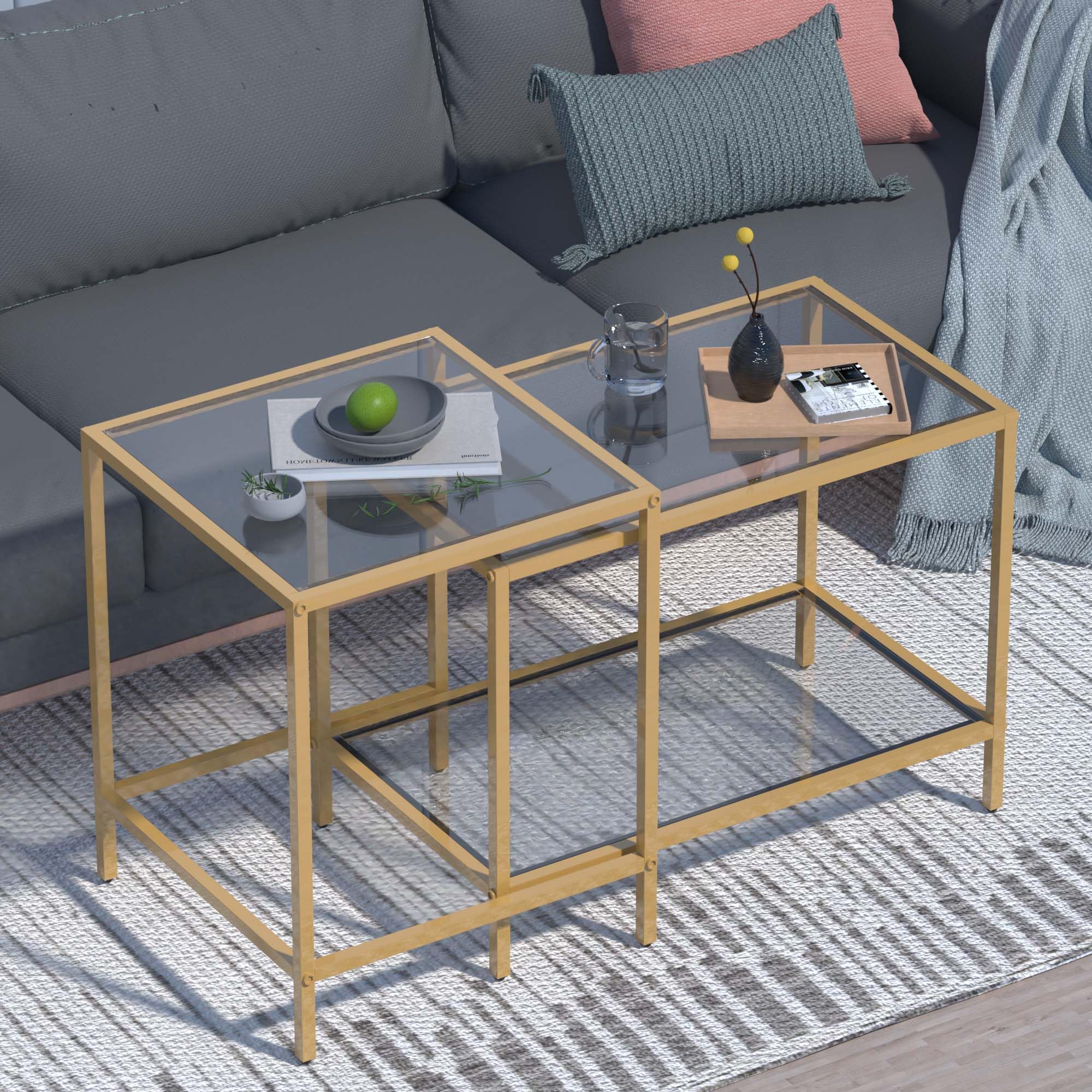 Coffee Table Set of 2,Gold Glass Nesting Coffee Side End Table,Square Modern Center Table for Living Room,Bedroom and Small Spaces,Tempered Glass-top with Sturdy Metal Frame, Easy Assembly