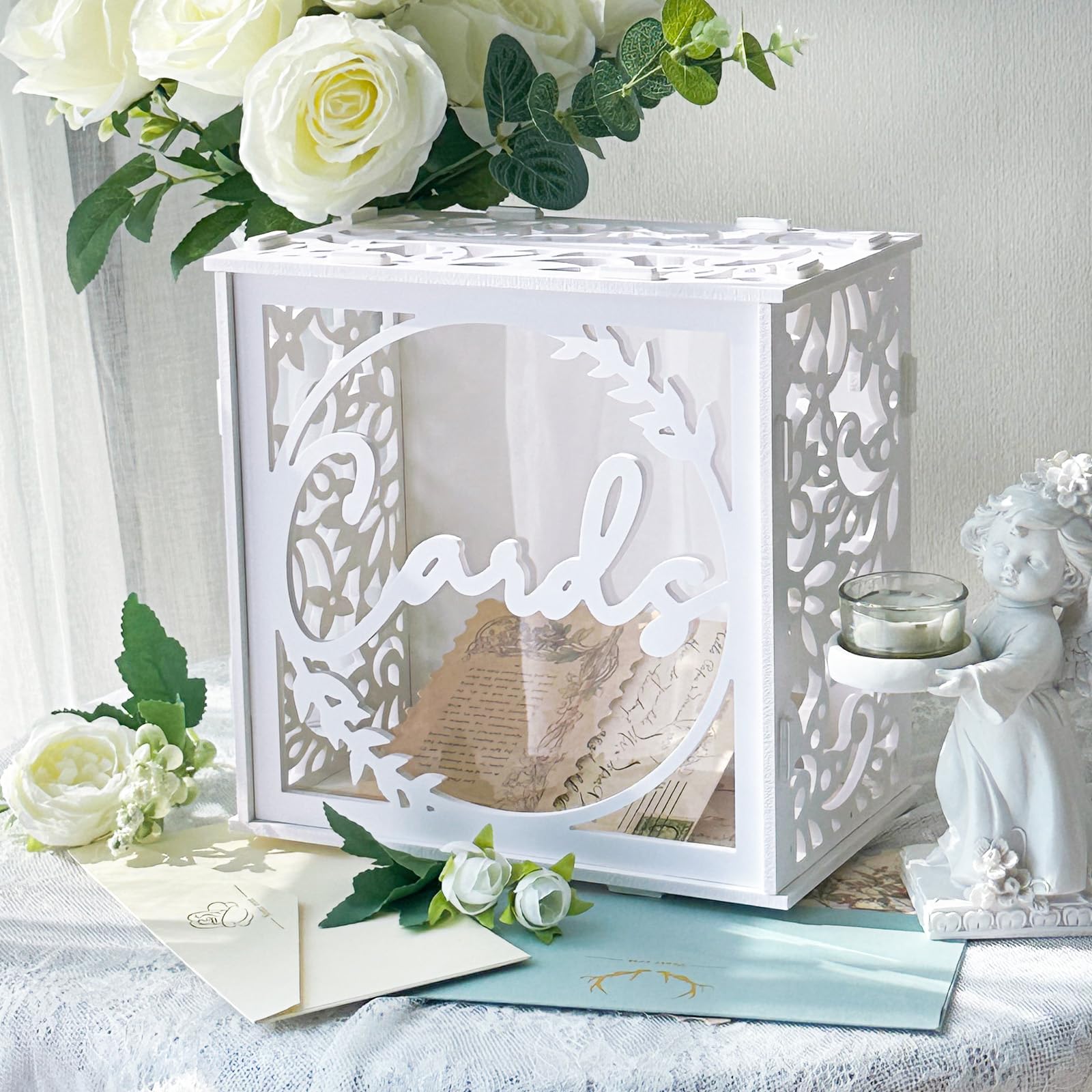 OurWarm White Wedding Card Box for Receptions, PVC Gift Card Box for Wedding with Acrylic Windows, Rustic Envelop Money Gift Box for Anniversary Bridal Baby Showers Graduation Birthday Party