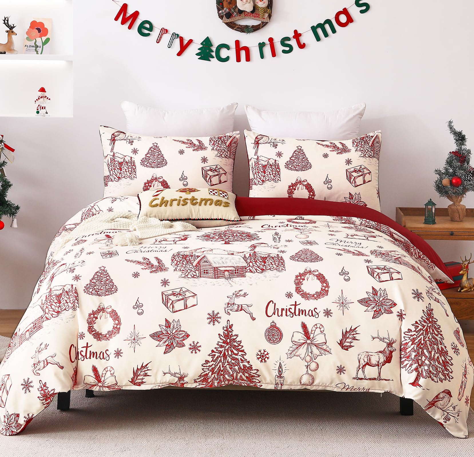 WONGS BEDDING Christmas Duvet Cover Set King, 3 Pcs Red Christmas Bedding Set with Elk, Snowflakes, Farmhouse, Soft Microfiber Comforter Cover Set Includes with 2 Pillowcases (Not Comforter)