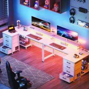 ODK 48-Inch L Shaped Gaming Desk with LED Lights & USB Power Outlets, Reversible Computer Desk with 4 Drawers, Corner Gamer Desk with CPU Shelf & Monitor Stand, Gaming Table for Bedroom, White