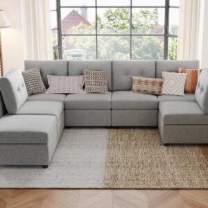 LINSY HOME Oversized Modular Couch, Rubik III 6 Seats with Ottoman Convertible U Shaped Sectional Sleeper Sofa with Storage, All Covers Changeable Washable, Grey