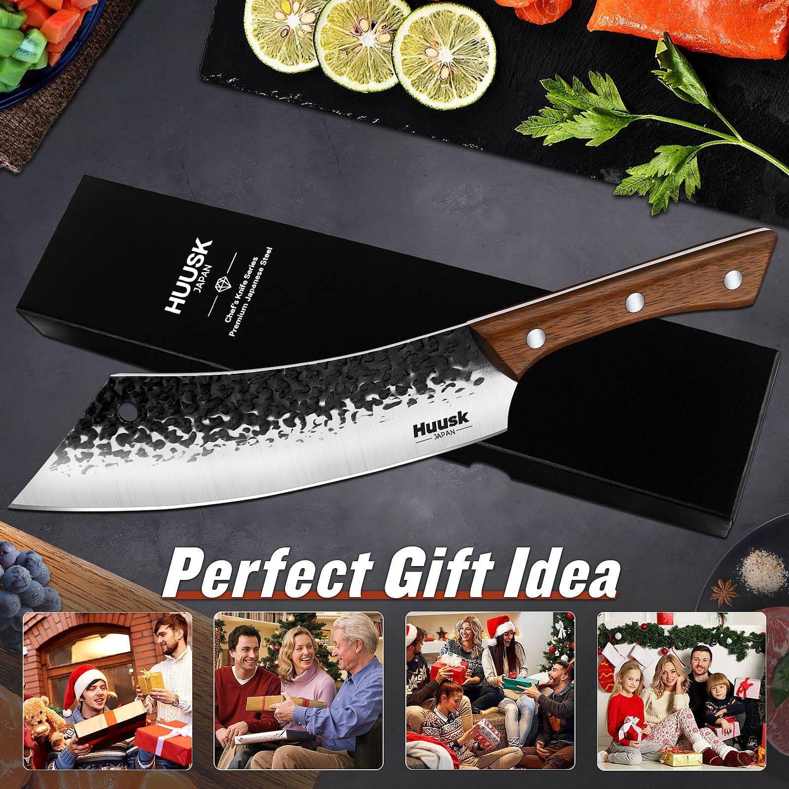 Huusk 7.4 Inch Meat Cleaver for Meat Cutting, Hand-Forged High Carbon Steel Butcher Knife with Sharp Blade & Ergonomic Handle, Professional Butcher Knife for Home Kitchen Cooking