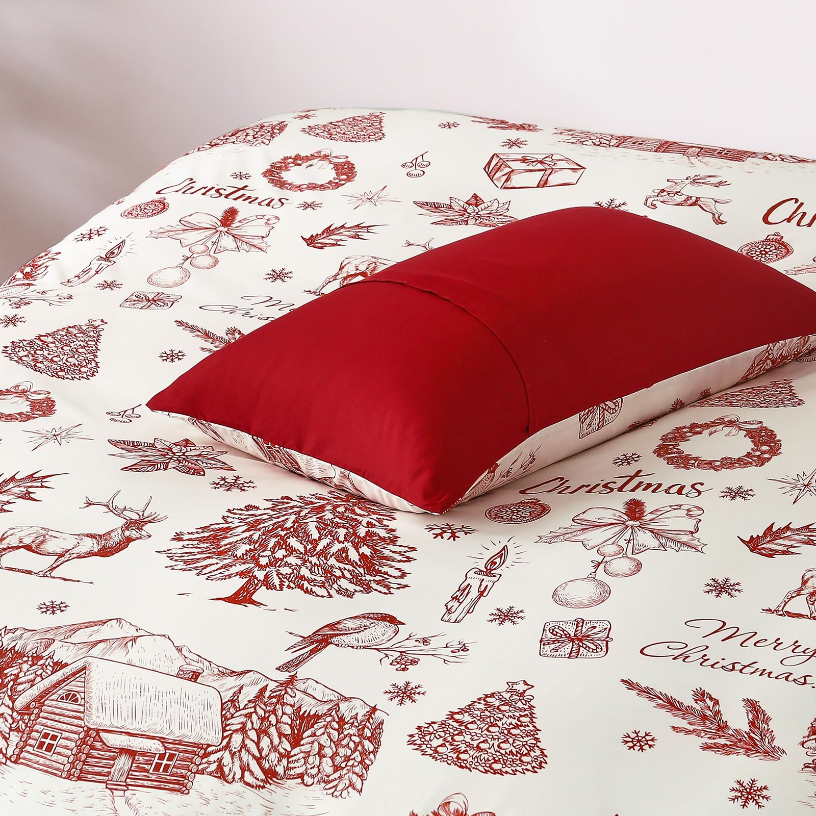 WONGS BEDDING Christmas Duvet Cover Set King, 3 Pcs Red Christmas Bedding Set with Elk, Snowflakes, Farmhouse, Soft Microfiber Comforter Cover Set Includes with 2 Pillowcases (Not Comforter)