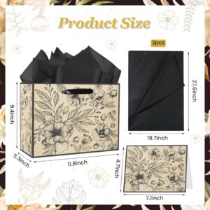 Yoirrat Vintage Floral Gift Bag Christmas Paper Bag Black Flowers Wrapping Bag with Paper Card Vintage Wildflower Gift Wrap Bag for Women Wedding Bridal Christmas Anniversary Birthday Party Supplies