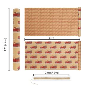 LaRibbons Reversible Kraft Vintage Christmas Wrapping Paper with Natural Jute Twine, Classic Truck Design for Christmas, Party, Holiday, Celebration, 17 Inch X 40 Feet (56.6 sq. ft. ttl.)