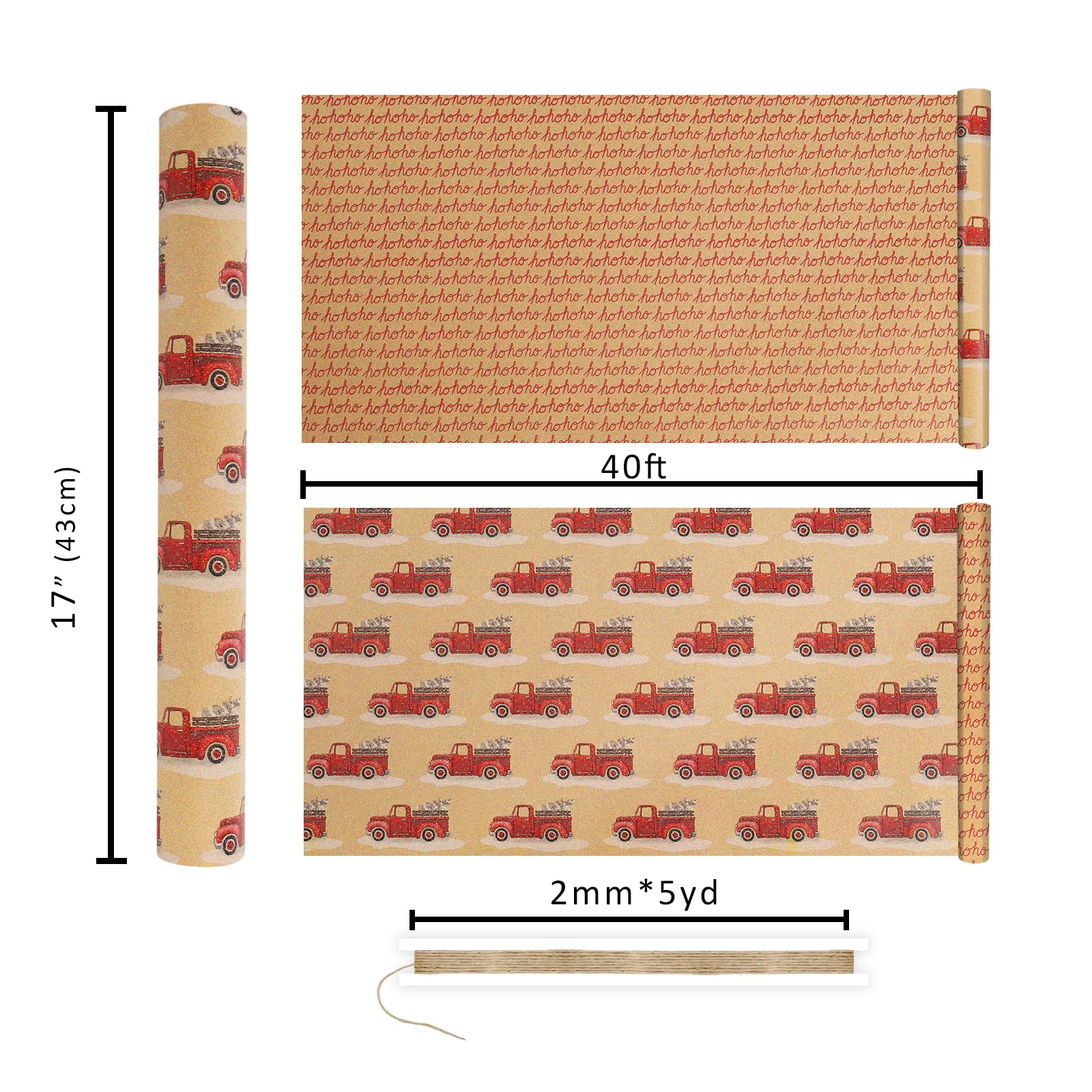 LaRibbons Reversible Kraft Vintage Christmas Wrapping Paper with Natural Jute Twine, Classic Truck Design for Christmas, Party, Holiday, Celebration, 17 Inch X 40 Feet (56.6 sq. ft. ttl.)