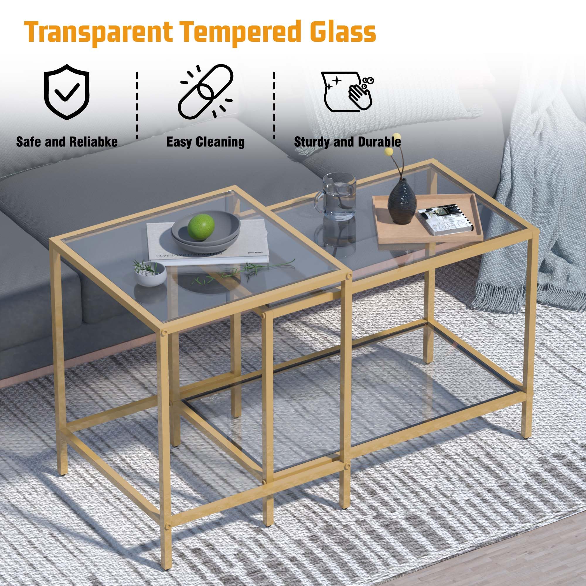 Coffee Table Set of 2,Gold Glass Nesting Coffee Side End Table,Square Modern Center Table for Living Room,Bedroom and Small Spaces,Tempered Glass-top with Sturdy Metal Frame, Easy Assembly