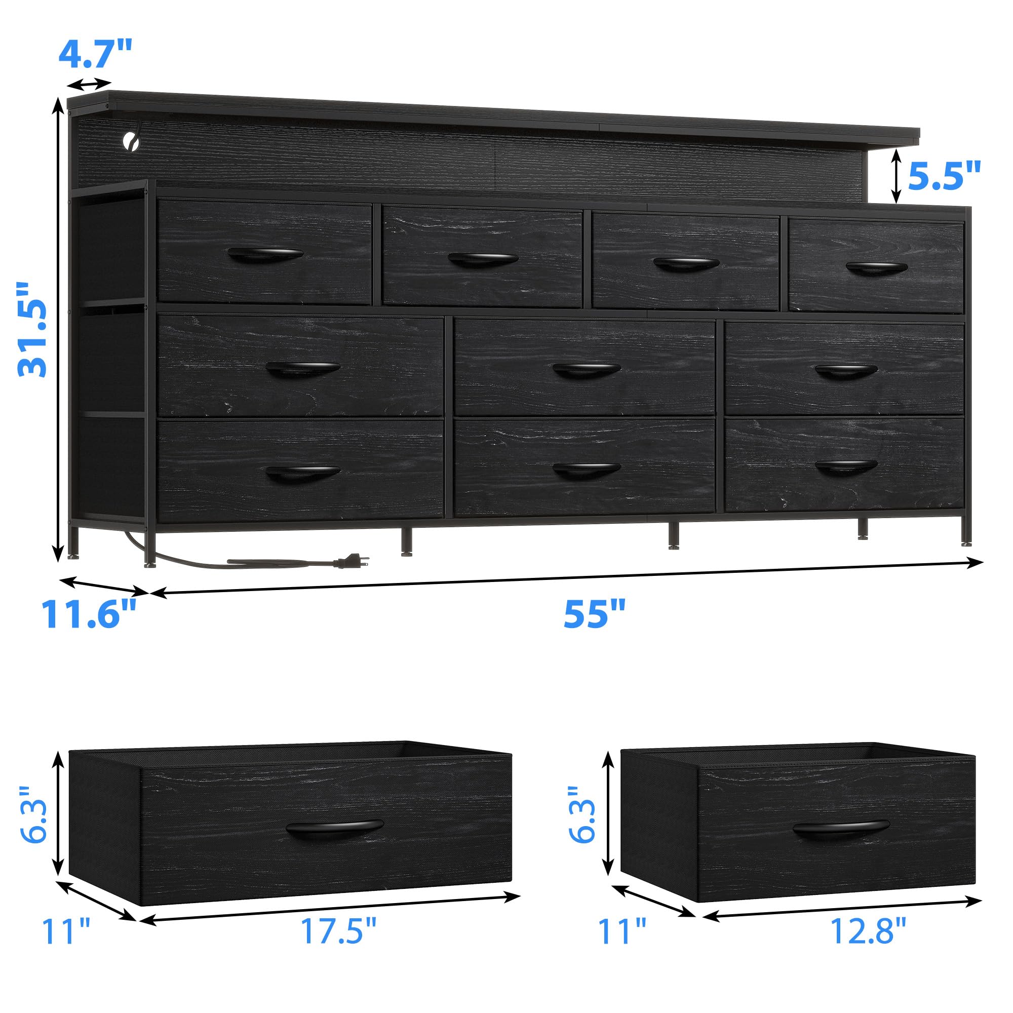 EnHomee 55" W Dresser for Bedroom with 10 Drawers Long Dresser with LED Lights & Power Outlets Wide Dressers & Chests of Drawers Large Dresser for Bedroom Dresser Metal Frame, Wood Top, Charcoal Black