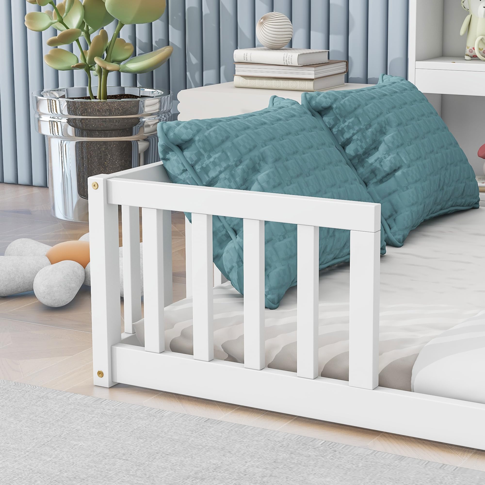 Full Size Bed Frame with Side Bookcase, Floor Bed Frame Full Size with Storage Shelves, Full Size Platform Bed Frame with Safety Guardrails, Montessori Bed Frame without Slats for Girls, Boys, White