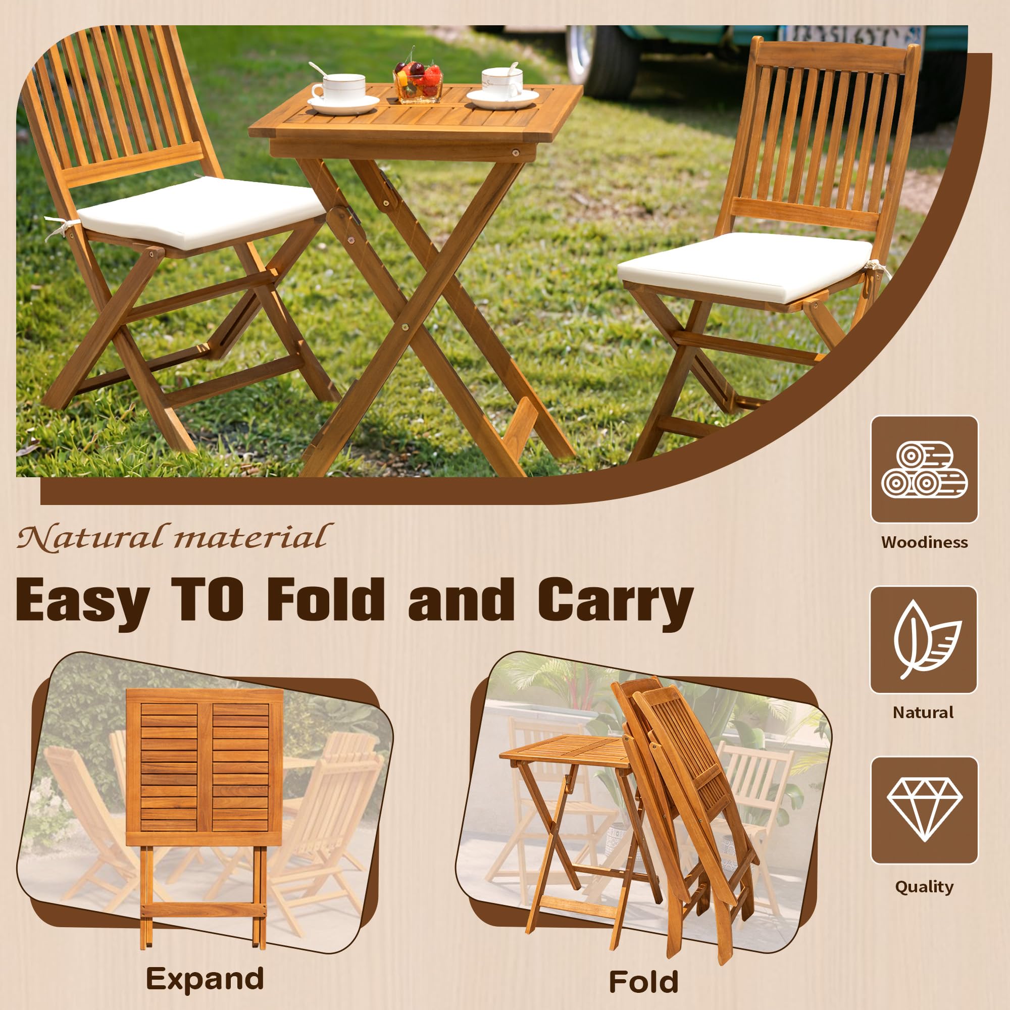 JUMMICO 3 Piece Folding Patio Chairs Outdoor Acacia Wood Bistro Set with Cushion Square Table and Chairs Porch Furniture for Balcony, Lawn, Deck