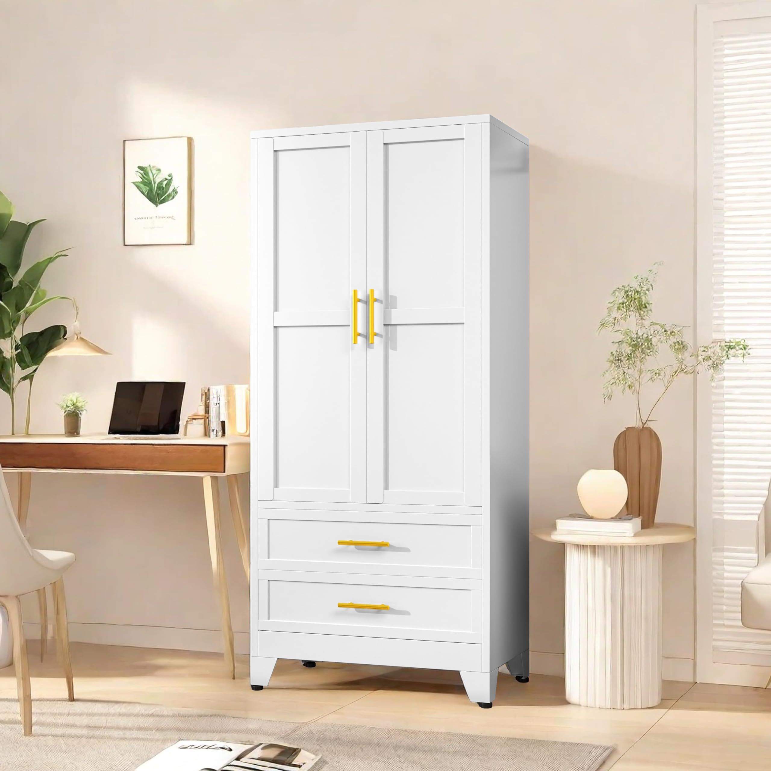 PAOFIN White 71" Metal Armoire Wardrobe Closet, Bedroom Clothing Storage Cabinet with 2 Drawers and Hanging Rod, Freestanding Armoire Cabinet with Adjustable Shelves