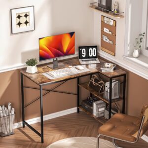 WASAGUN Small Computer Desk,35 Inch L Shaped Desk with Storage Shelves,Gaming Desk,Home Office Corner Reversible Pc Desk,Study Writing Table,Brown