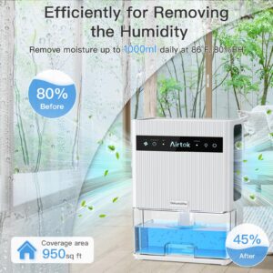 Airtok Dehumidifier for Home, Up to 950 Sq.Ft, 105.6 OZ Water Tank, Quiet Dehumidifier for Bedroom with Auto-Defrost, 4 Timer, Auto Shut Off, 7 Colors LED Light, for Bathroom Basement Closet RV