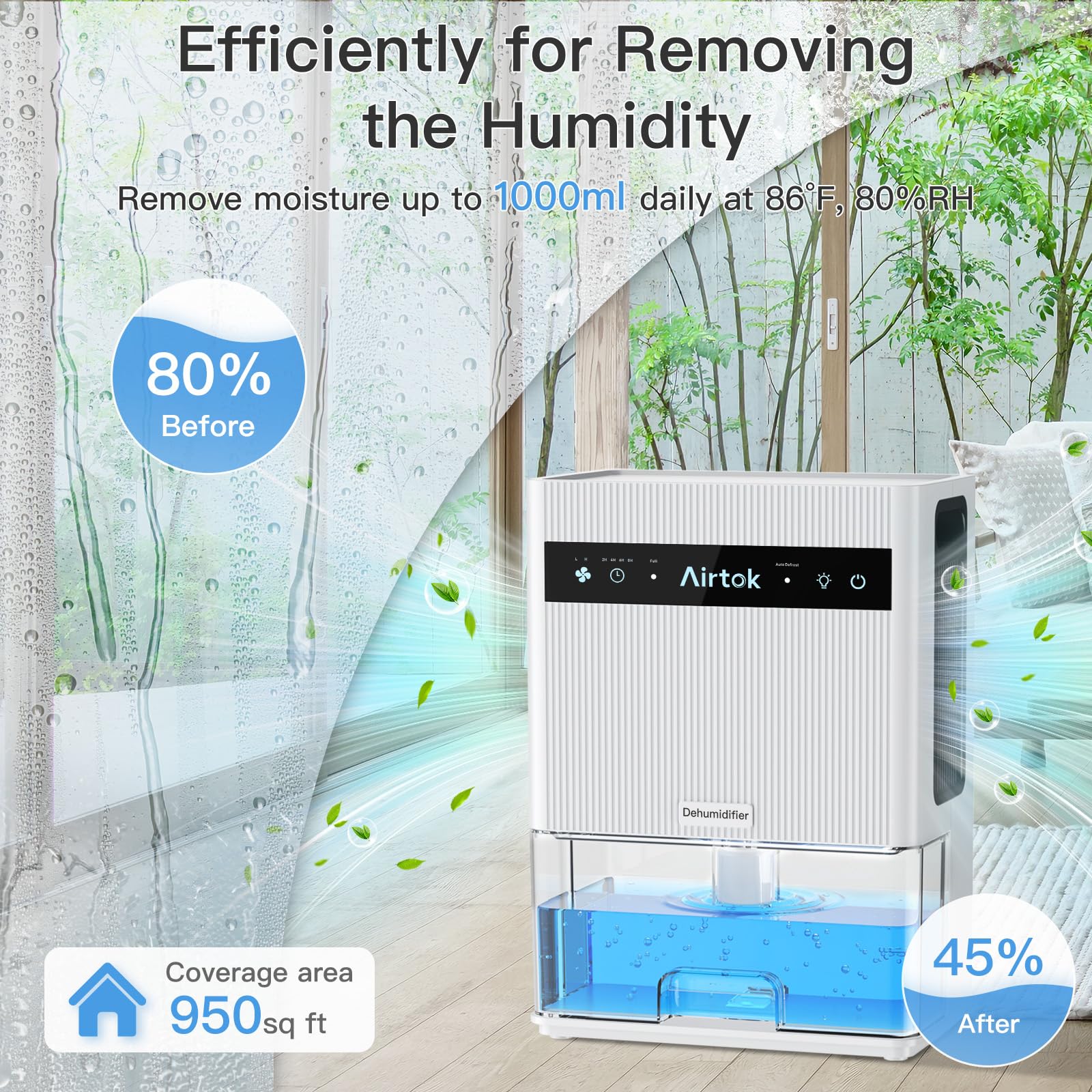 Airtok Dehumidifier for Home, Up to 950 Sq.Ft, 105.6 OZ Water Tank, Quiet Dehumidifier for Bedroom with Auto-Defrost, 4 Timer, Auto Shut Off, 7 Colors LED Light, for Bathroom Basement Closet RV