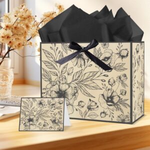 Yoirrat Vintage Floral Gift Bag Christmas Paper Bag Black Flowers Wrapping Bag with Paper Card Vintage Wildflower Gift Wrap Bag for Women Wedding Bridal Christmas Anniversary Birthday Party Supplies