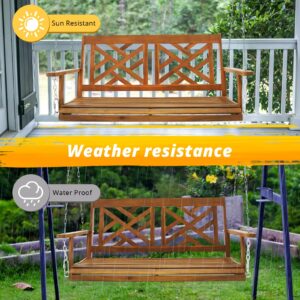 VINGLI 3-Seater Wooden Porch Swing, Heavy Duty Porch Bench Swing with 4FT Hanging Chains, Acacia Waterproof Porch Swing for Garden, Patio, Balcony, Backyard, Natural