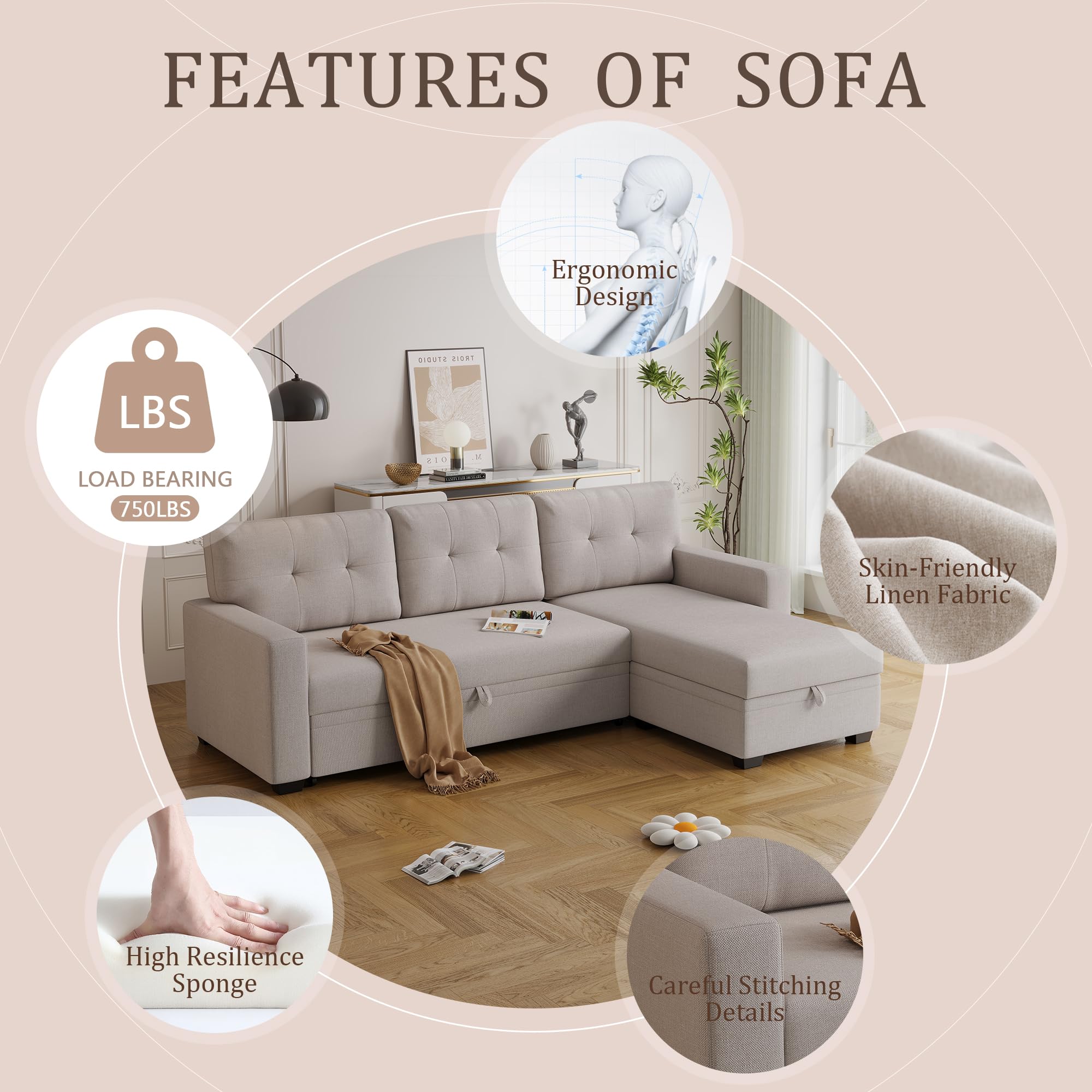 ACQCA 82" Convertible Sectional Sleeper Sofa with Storage Chaise, L Shaped Pull Out Couch Bed with 3 Tufted Back Cushion for Living Room, Apartment,Office,Beige