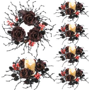 jexine 6 pcs fall candle rings wreaths black halloween rings 3 inch black twig wreath candle ring gothic rose with glitter leaves wreath for fall thanksgiving home table centerpieces decorations