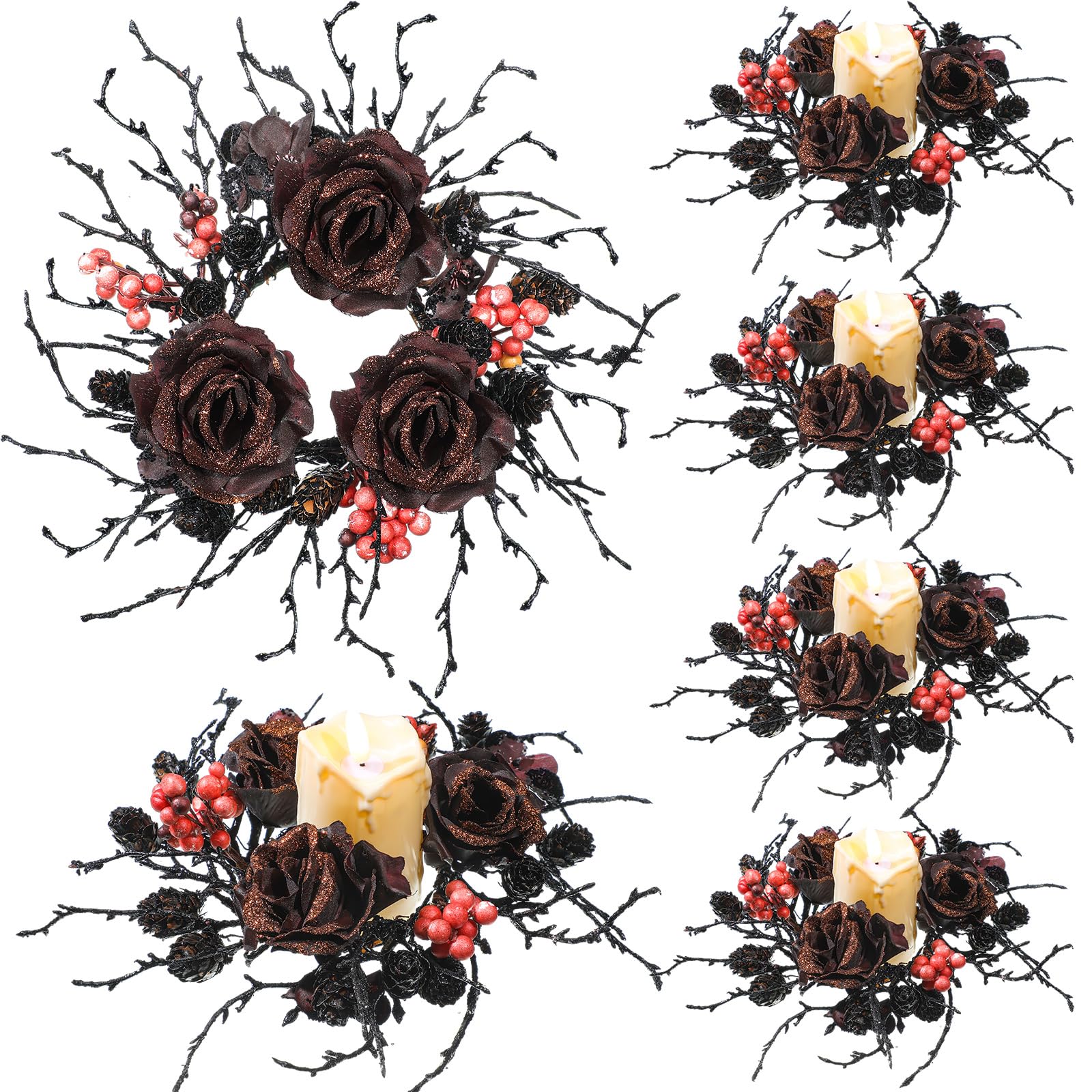 Jexine 6 Pcs Fall Candle Rings Wreaths Black Halloween Rings 3 Inch Black Twig Wreath Candle Ring Gothic Rose with Glitter Leaves Wreath for Fall Thanksgiving Home Table Centerpieces Decorations