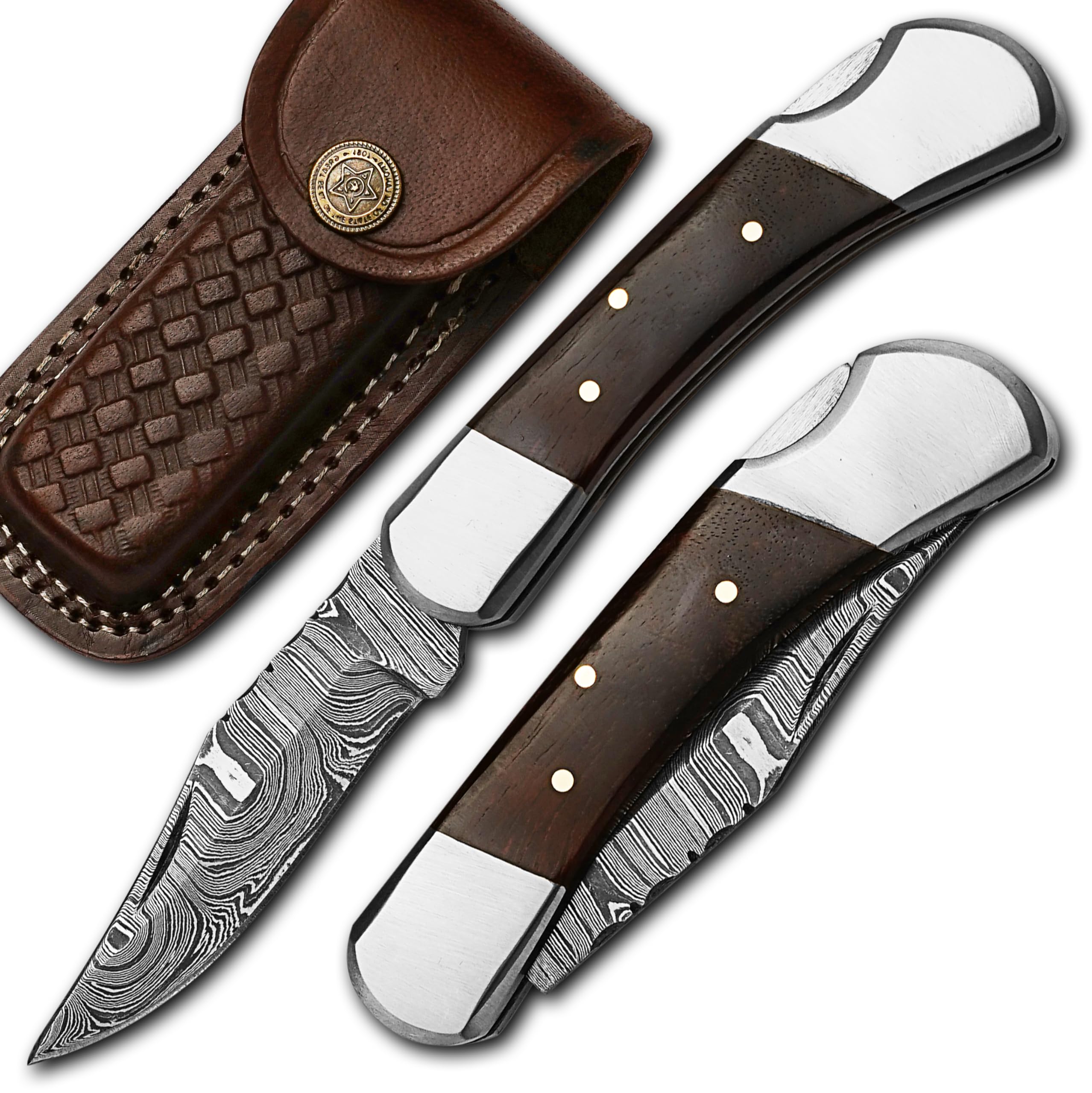 Handmade Damascus Pocket Knife for Men - 7 Inch Damascus Folding Knife with Sheath, Steel Bolster, Pocket Knives and Folding Knives with Back Lock, Pakkawood - Best for EDC, Camping and Hiking