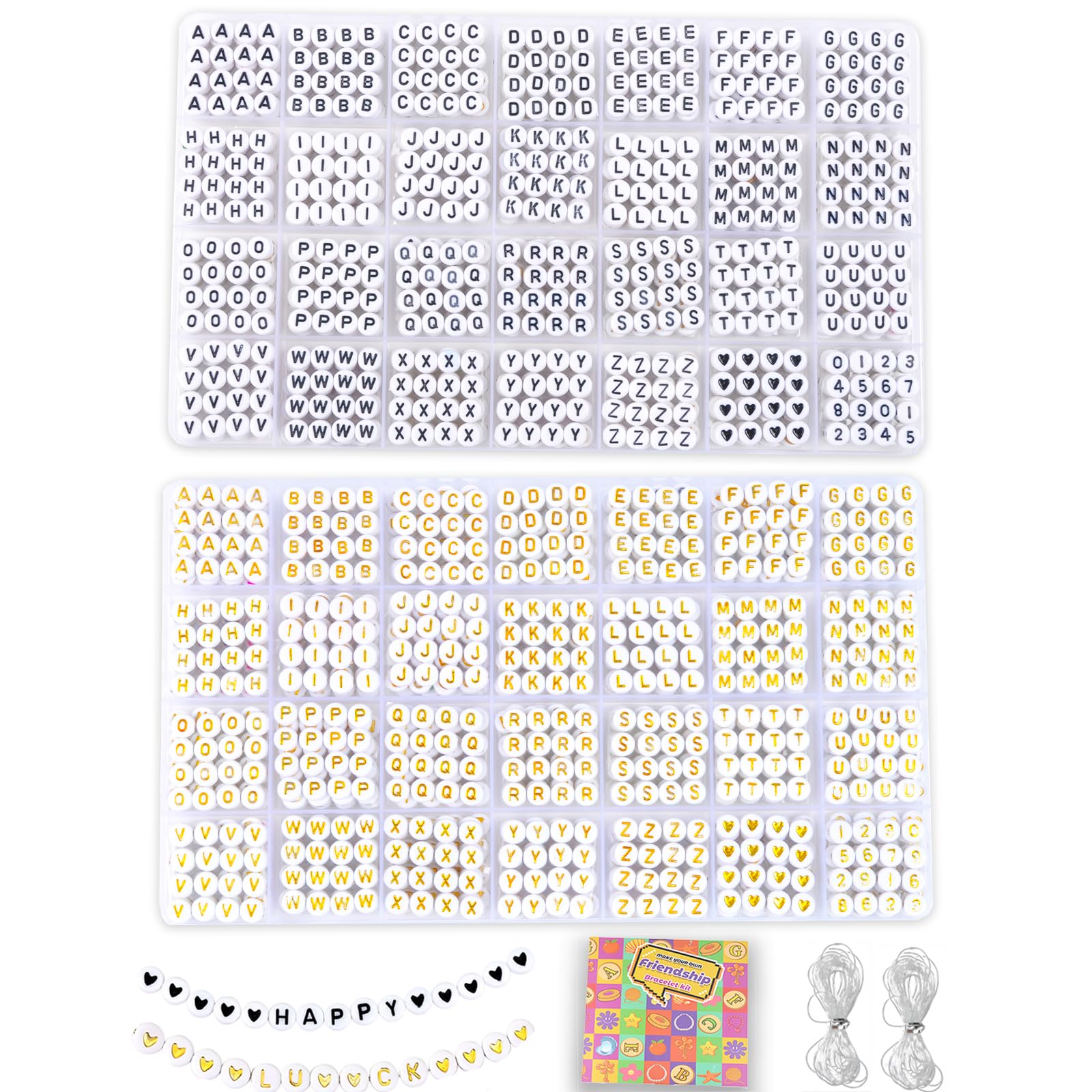 L'EclatDina 2 Box Set Letter Beads, Alphabet Beads for Bracelets, 1900+ PCS Round Number & Heart Beads, 5m Elastic String Jewelry Making Kit, Ideal for Friendship Bracelets (Black+Gold)