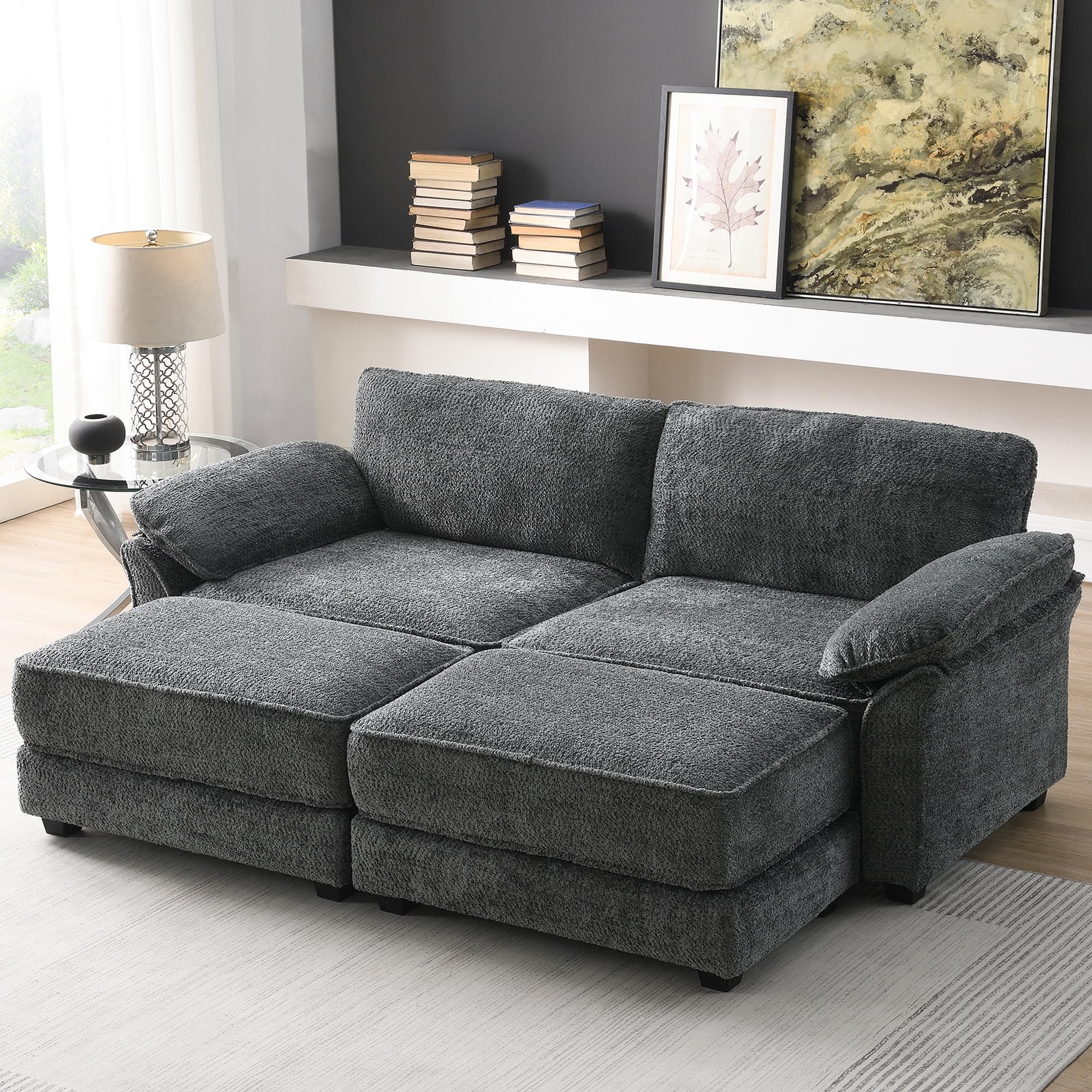 GNIXUU Deep Seat Sectional Sofa with 2 Ottoman, 81" Chenille Large Loveseat Sofa Sleeper, Double-Upholstered Comfy Boucle Cloud Couch for Living Room, Bedroom, Office, Apartment(Gray)