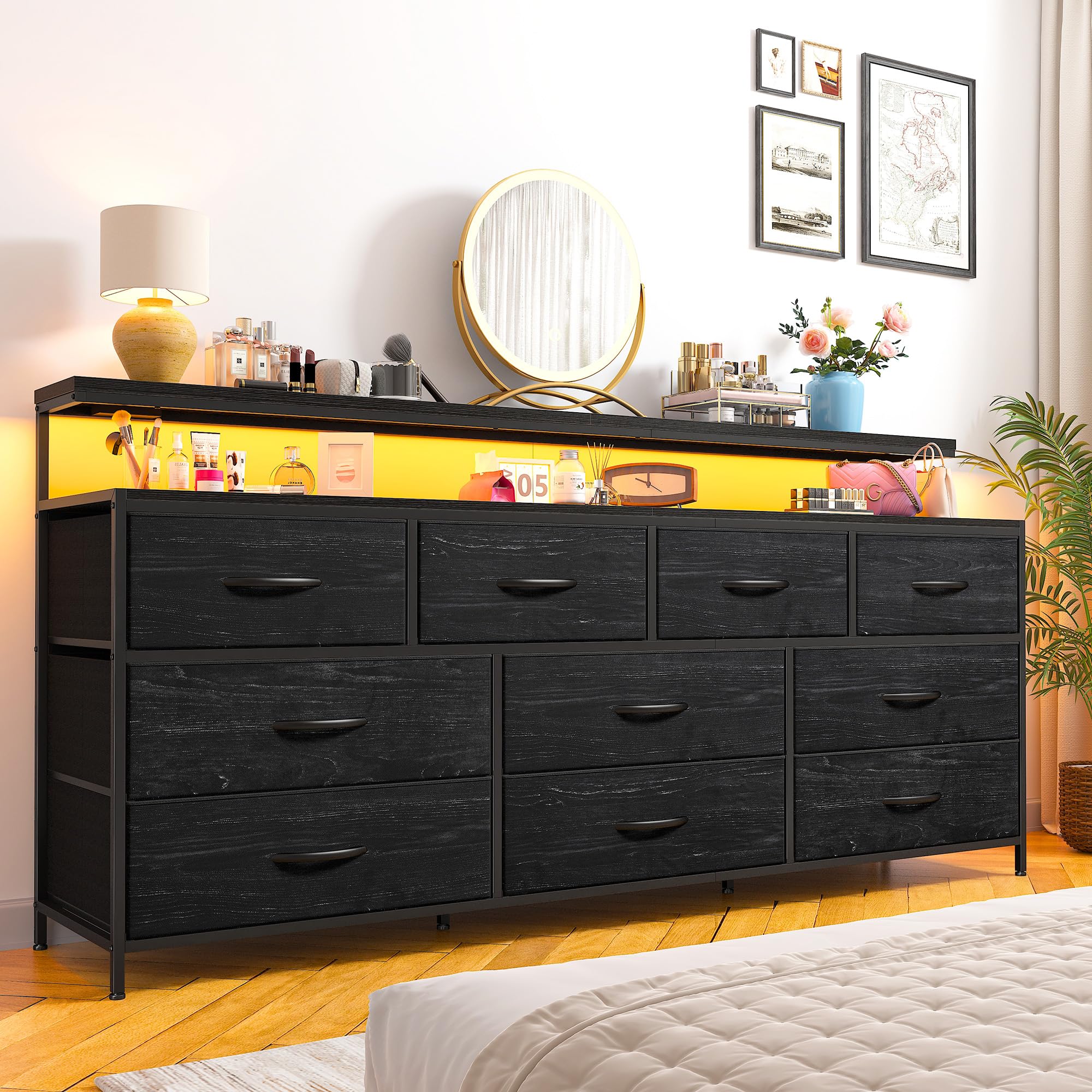 EnHomee 55" W Dresser for Bedroom with 10 Drawers Long Dresser with LED Lights & Power Outlets Wide Dressers & Chests of Drawers Large Dresser for Bedroom Dresser Metal Frame, Wood Top, Charcoal Black