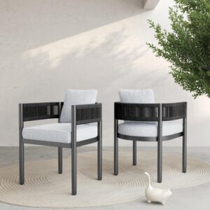 grand patio outdoor dining chair set of 2, 2 pieces patio dining chairs, grey metal black woven wicker fixed patio chairs with grey cushions for backyard, deck, garden, porch, lawn and poolside