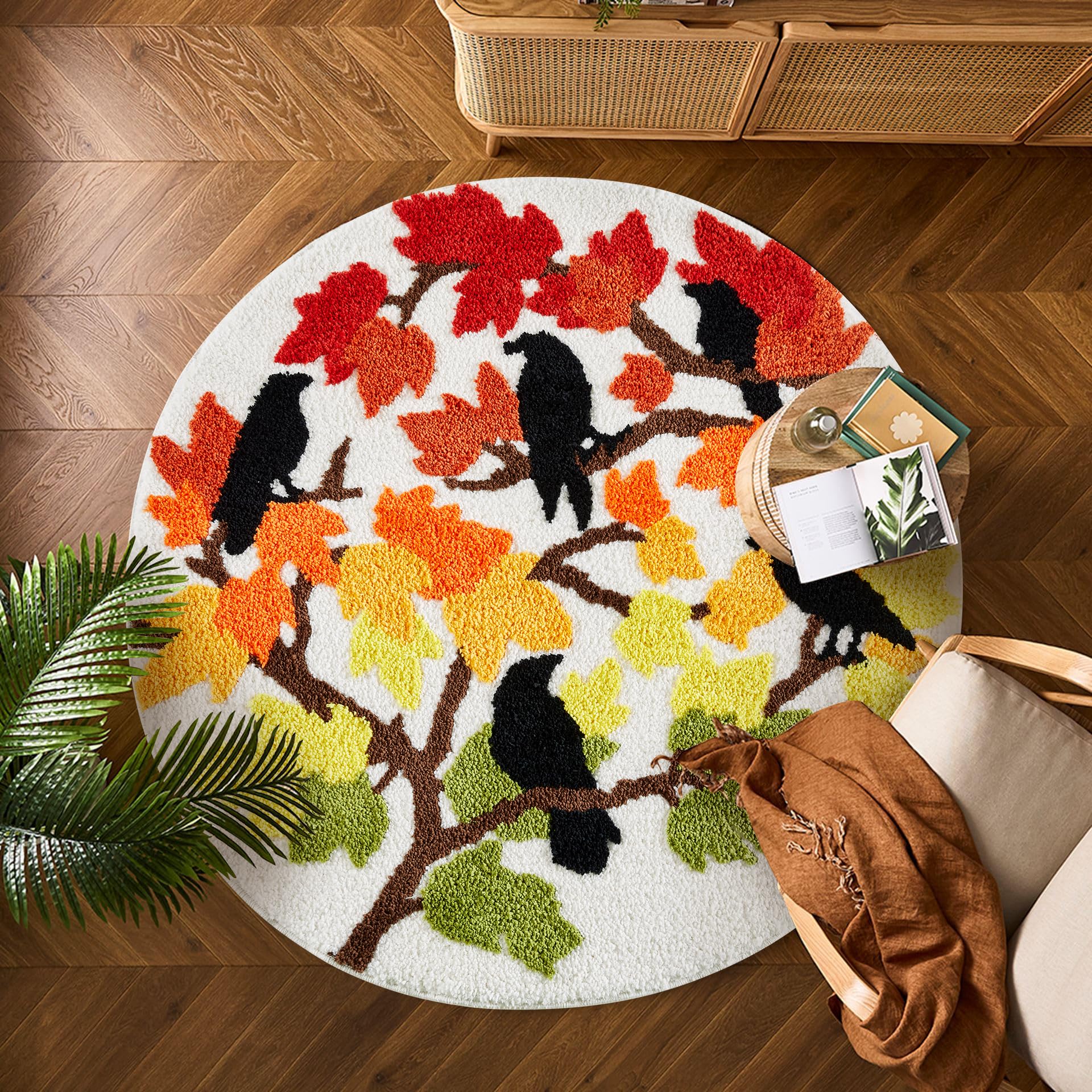 RoomTalks Fall Maple Leaves Bath Mat Non Slip Washable 2ft Fall Colored Halloween Autumn Crow Round Circle Bathroom Mat Bath Rug, Shaggy Plush Absorbent Harvest Season Thanksgiving Bathroom Rug